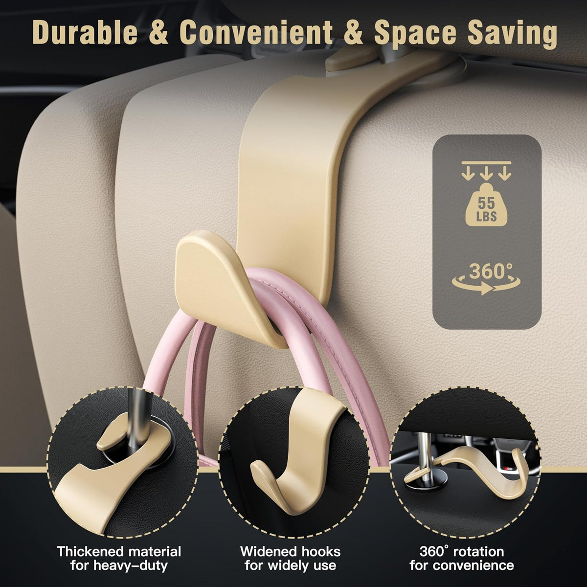 4-Pack Car Headrest Hooks Holds 55lbs Seat Storage Organizer for Bags