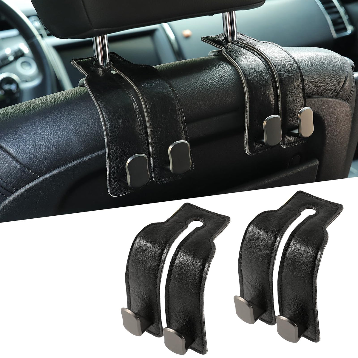 KINIVA Car Seat Headrest Storage Hooks, Set of 2, Suede PU Leather, Double Hooks (Grey)