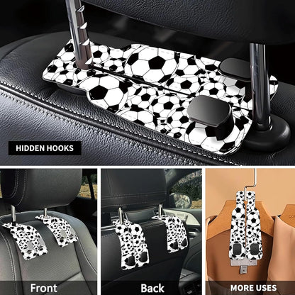 Car Seat Headrest Hook, Universal Leather Cute Hanger Holder Hook, Storage Organizer Interior Accessories for Purse Bags Handbag Black White Soccer