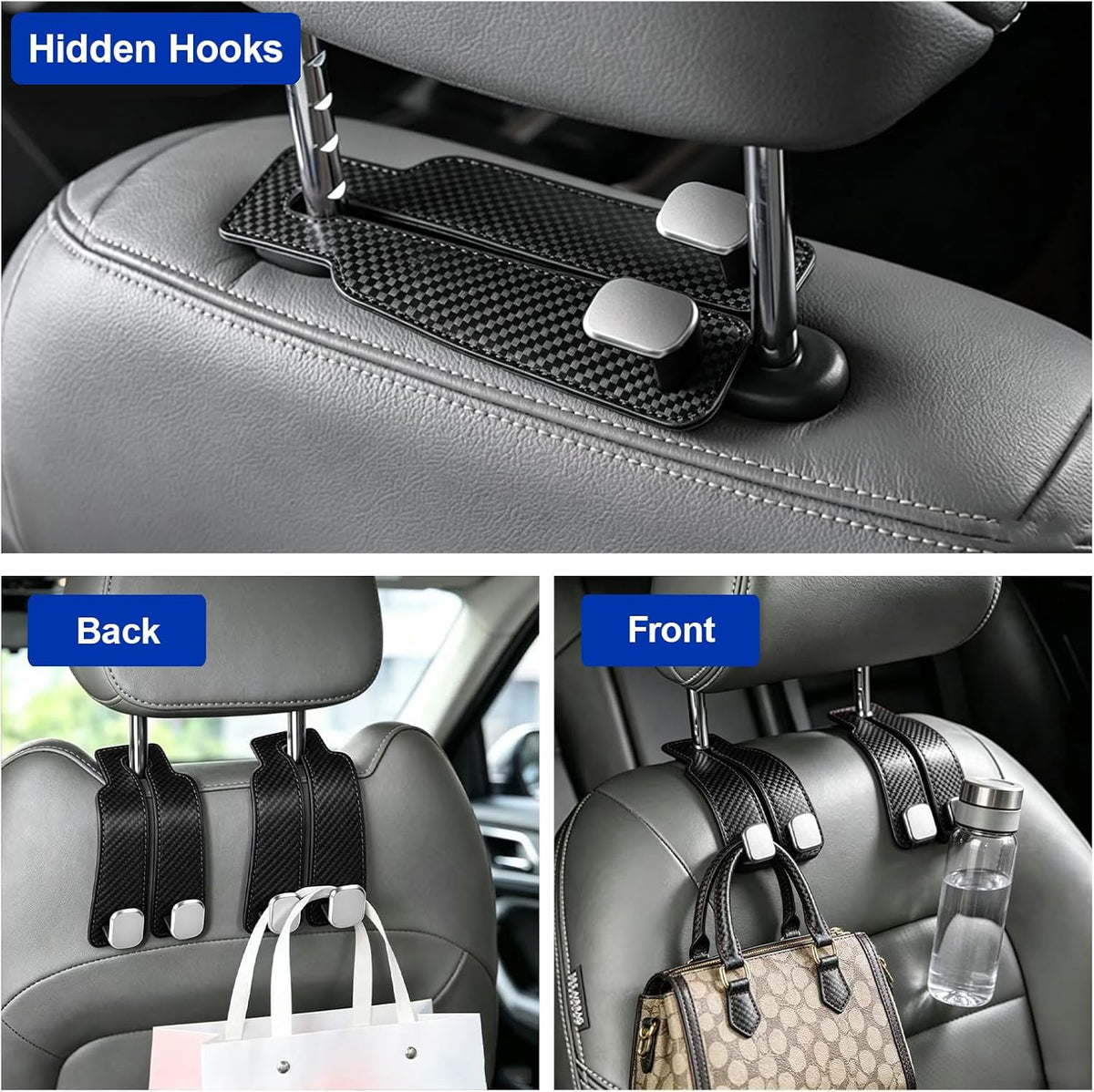 Car Purse Hook, 4-Pack Leather Headrest Hooks for Car