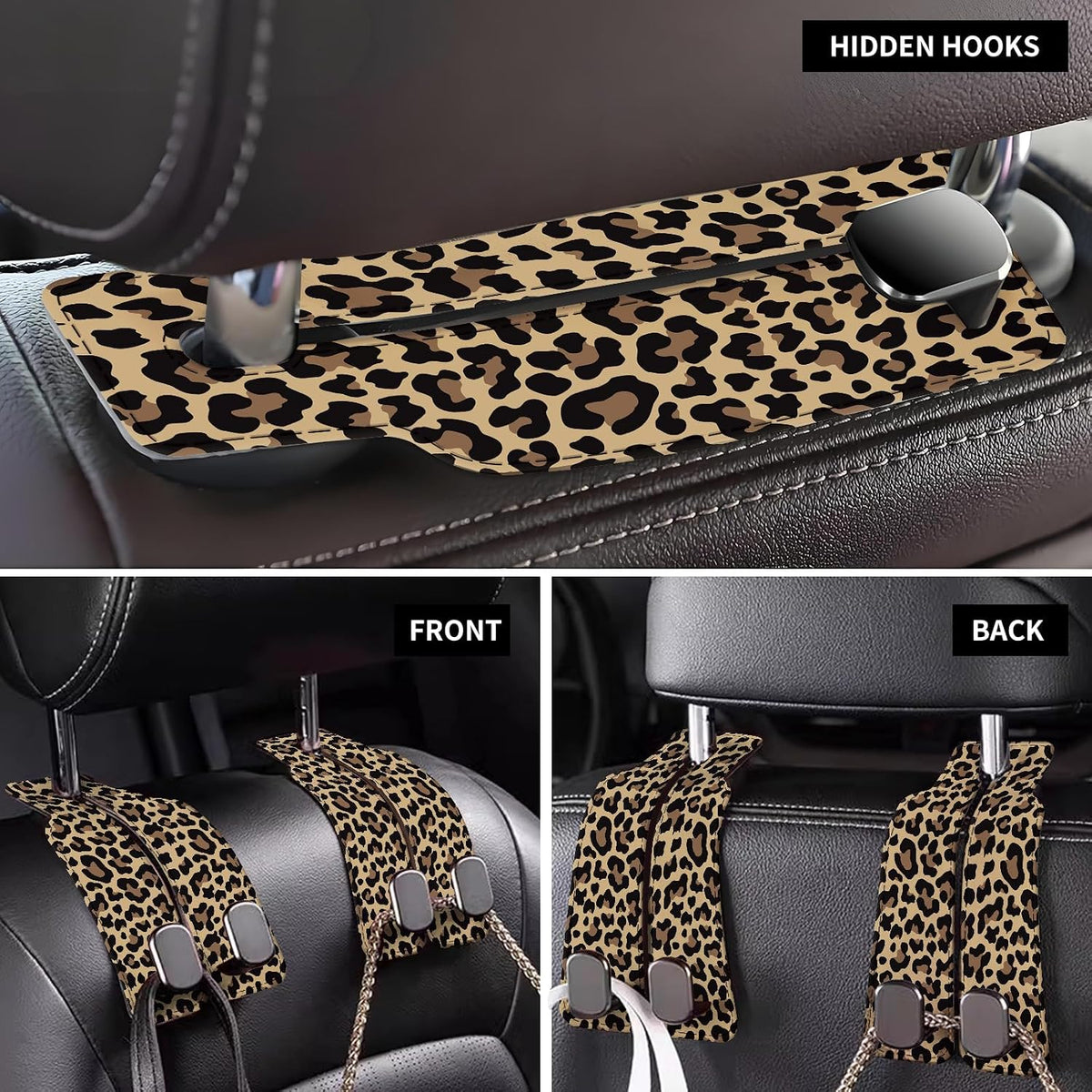 Car Seat Back Storage Headrest Hook, 1 Pack Premium Leather Double Metal Hook, Hanger Storage Organizer for Purse Cloth Bag, Car Interior Accessories Luxury Brown Leopard