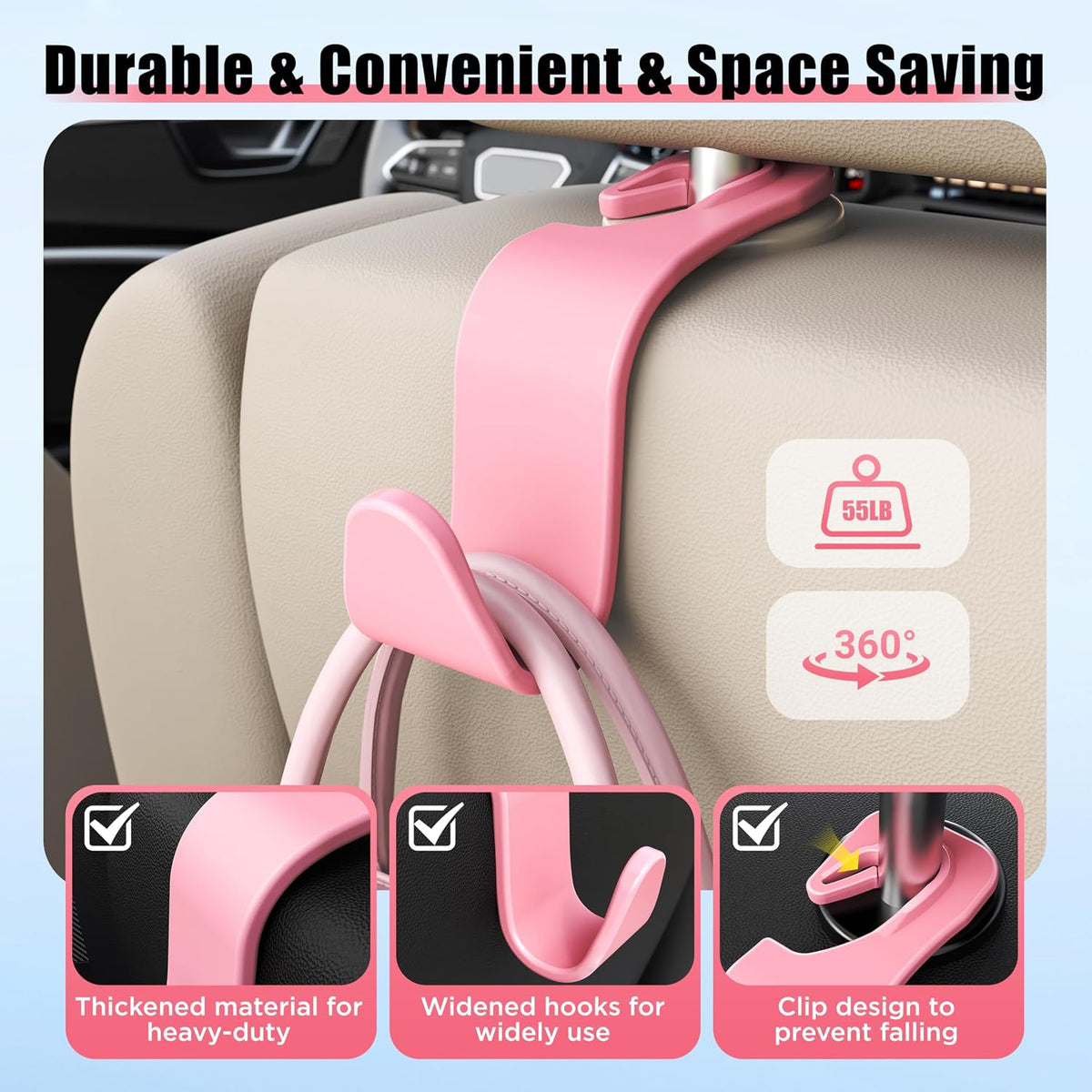 Amooca Car Seat Headrest Hooks 4-Pack Storage Organizer Holds 55 lbs