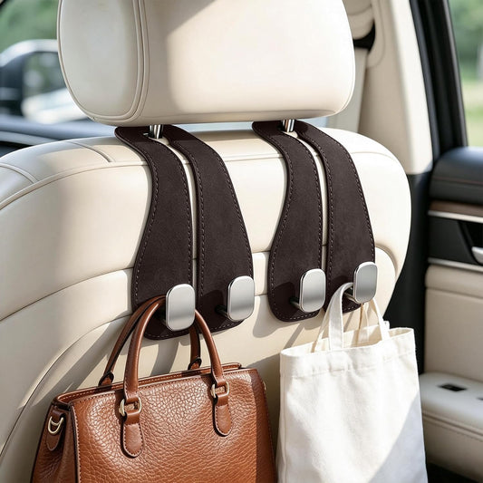 SINGARO 2PCS Car Purse Holder Hook, Seat Back Storage Hook, Leather-Wrapped Alloy Double Headrest Hook for Purses & Bags, Cute Car Interior Accessories for Women and Men, Brown