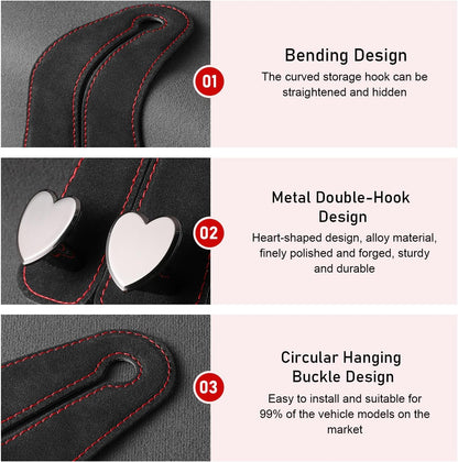 2Pcs Car Headrest Hooks, Luxurious Leather Metal Twin Hook Design, Multifunctional Seat Back Storage Hanger Holder, Universal Auto Accessory for Purses Bags Handbags (Black)