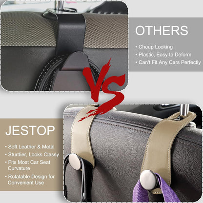 JESTOP Car Headrest Hooks 2 Pack Leather Car Seat Storage Hangers, Apricot