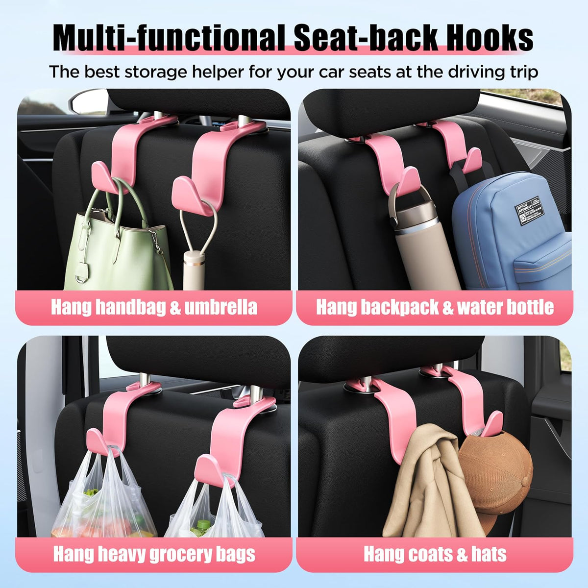 Amooca Car Seat Headrest Hooks 4-Pack Storage Organizer Holds 55 lbs
