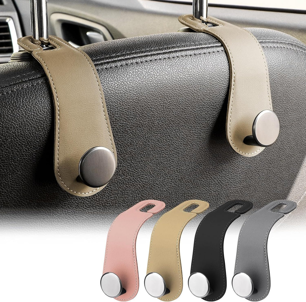 JESTOP Car Headrest Hooks 2 Pack Leather Car Seat Storage Hangers, Apricot