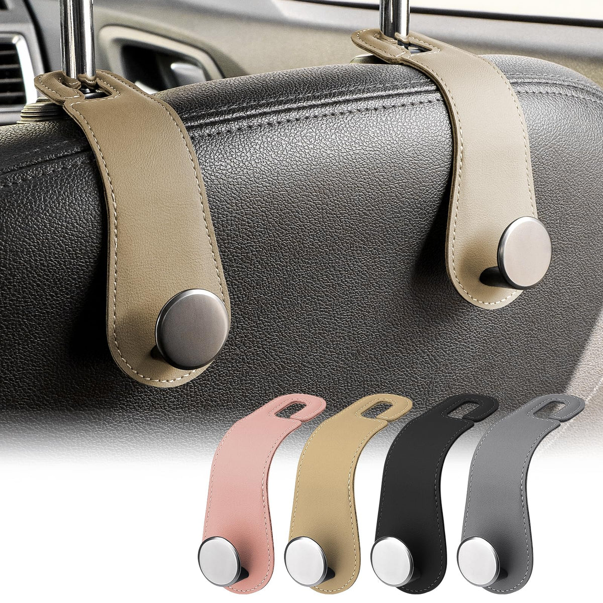 JESTOP Car Headrest Hooks 2 Pack Leather Car Seat Storage Hangers, Apricot