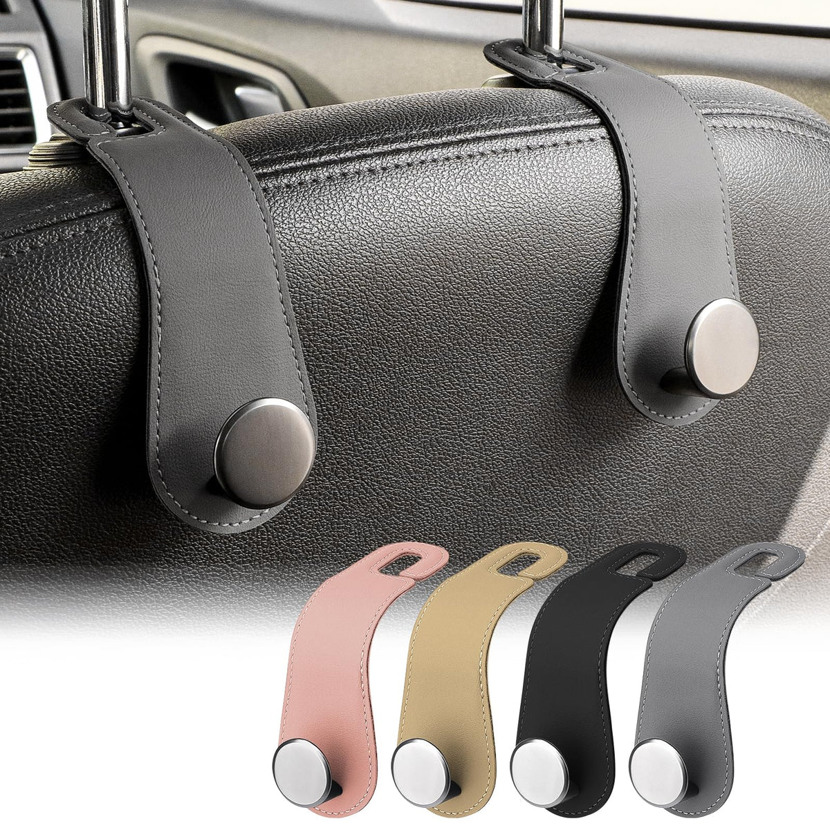 JESTOP Car Headrest Hooks 2 Pack Leather Car Seat Storage Hangers, Apricot