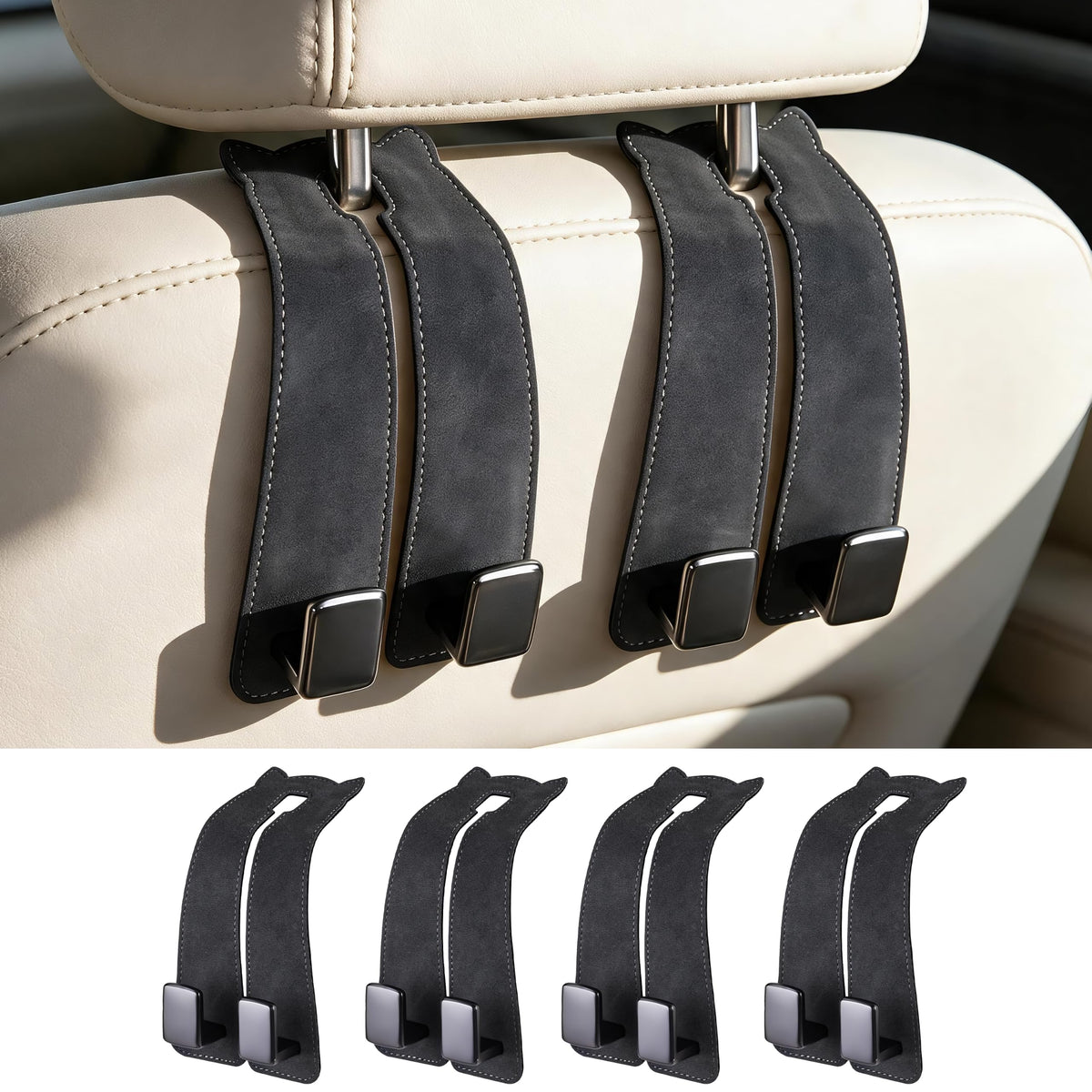 Amooca Car Headrest Hooks 2-Pack Suede Seat Organizer with Metal Core