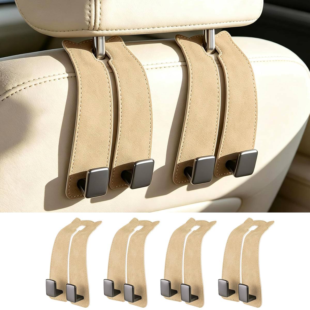Amooca Car Headrest Hooks 2-Pack Suede Seat Organizer with Metal Core