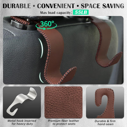 Car Seat Headrest Hook 55lb Heavy Duty Metal Hanger with Leather for Bags