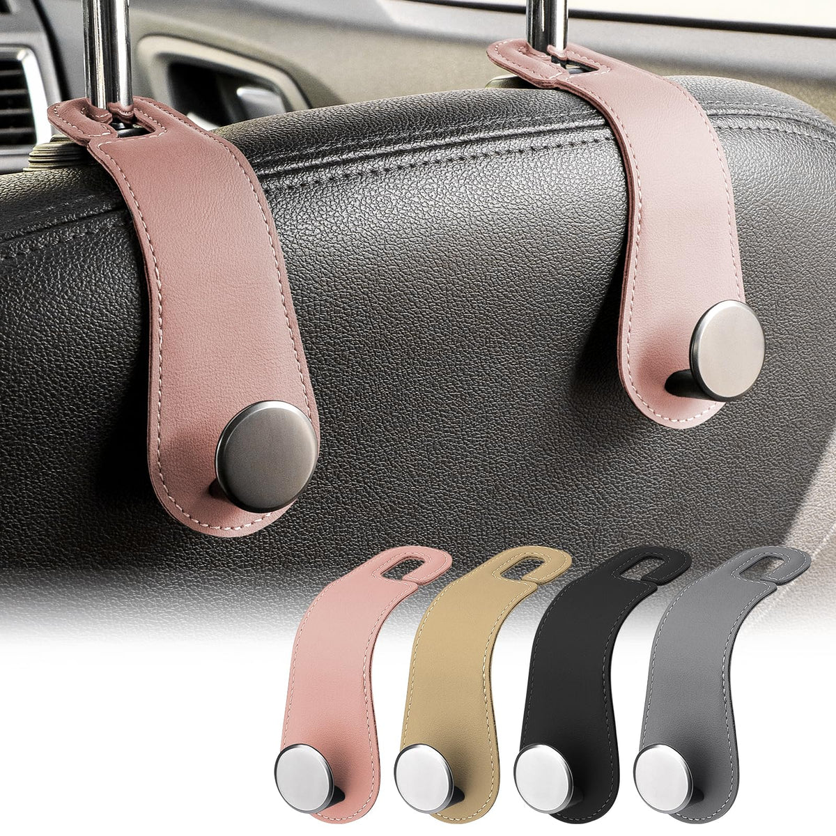JESTOP Car Headrest Hooks 2 Pack Leather Car Seat Storage Hangers, Apricot