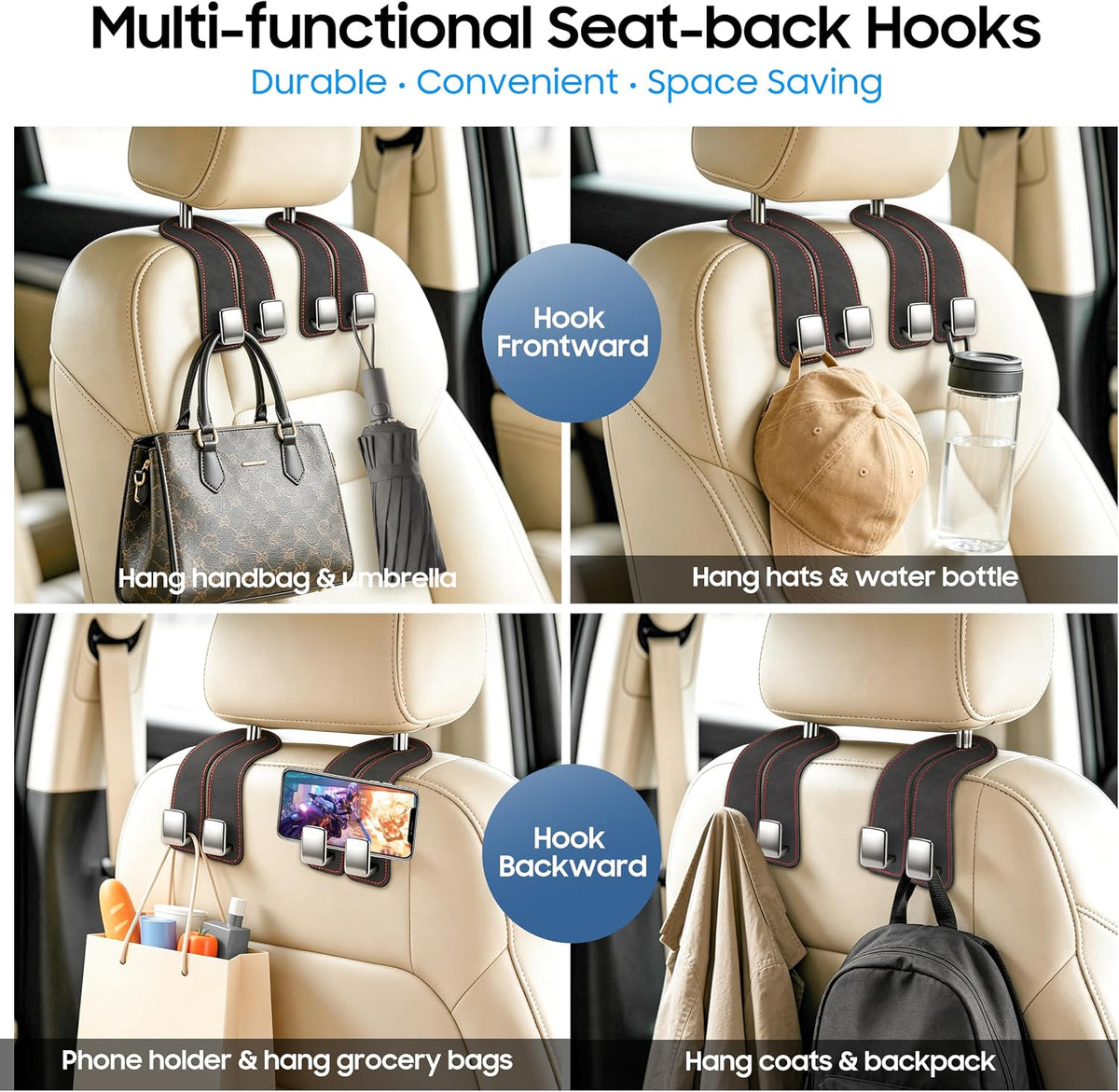 Amooca Car Headrest Hooks 2-Pack Suede Seat Organizer with Metal Core
