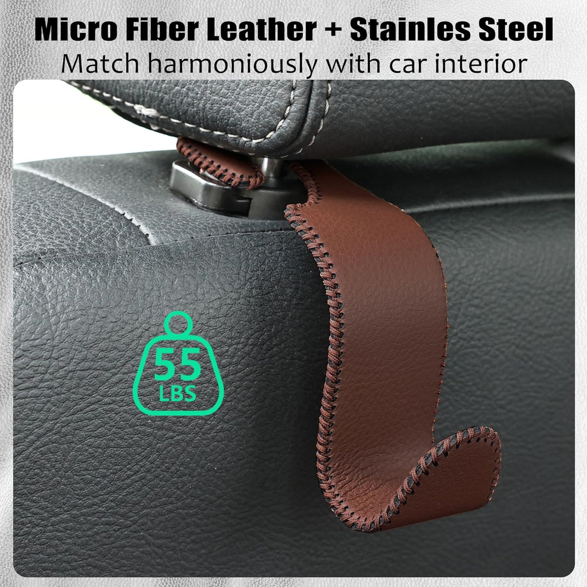 Car Seat Headrest Hook 55lb Heavy Duty Metal Hanger with Leather for Bags