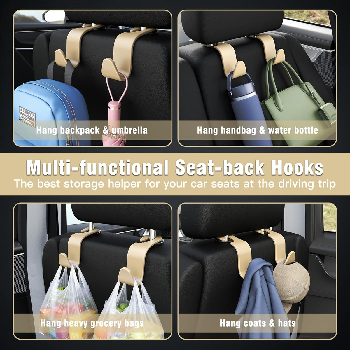 4-Pack Car Headrest Hooks Holds 55lbs Seat Storage Organizer for Bags