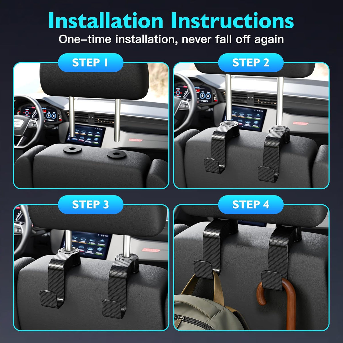 Amooca Car Seat Hooks Anti-drop Headrest Storage Hanger Universal Fit Automotive Organizer for Purse Bag Coat 2 Pack (Black Checkered)
